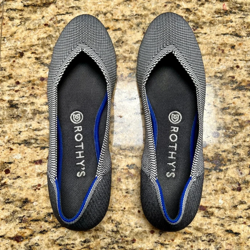Rothys The Flat Black Herringbone Knit Ballet Flats Round Toe Women Size 8